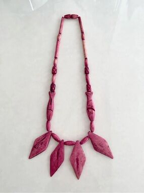 Magenta Pink Hand-Carved Wood Statement Necklace with Diamond Pendants